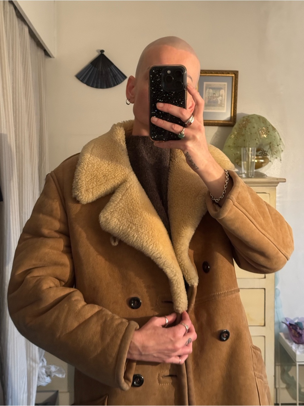 Vintage heirloom Shearling Suede Double-Breasted Coat - Tan
